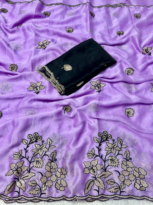 Premium Heavy Rangoli Silk Saree with Panel Embroidery & C-Pallu Cutwork
