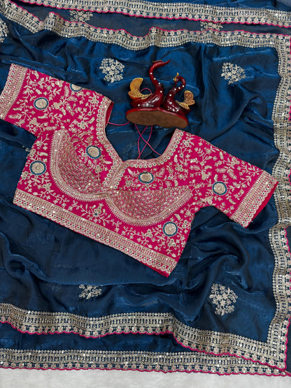 Premium Soft Frendy Satin Saree with Sequins & Zari Embroidery