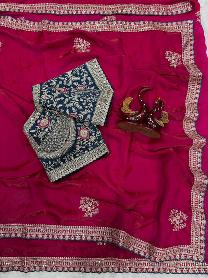 Premium Soft Frendy Satin Saree with Sequins & Zari Embroidery
