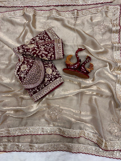 Premium Soft Frendy Satin Saree with Sequins & Zari Embroidery