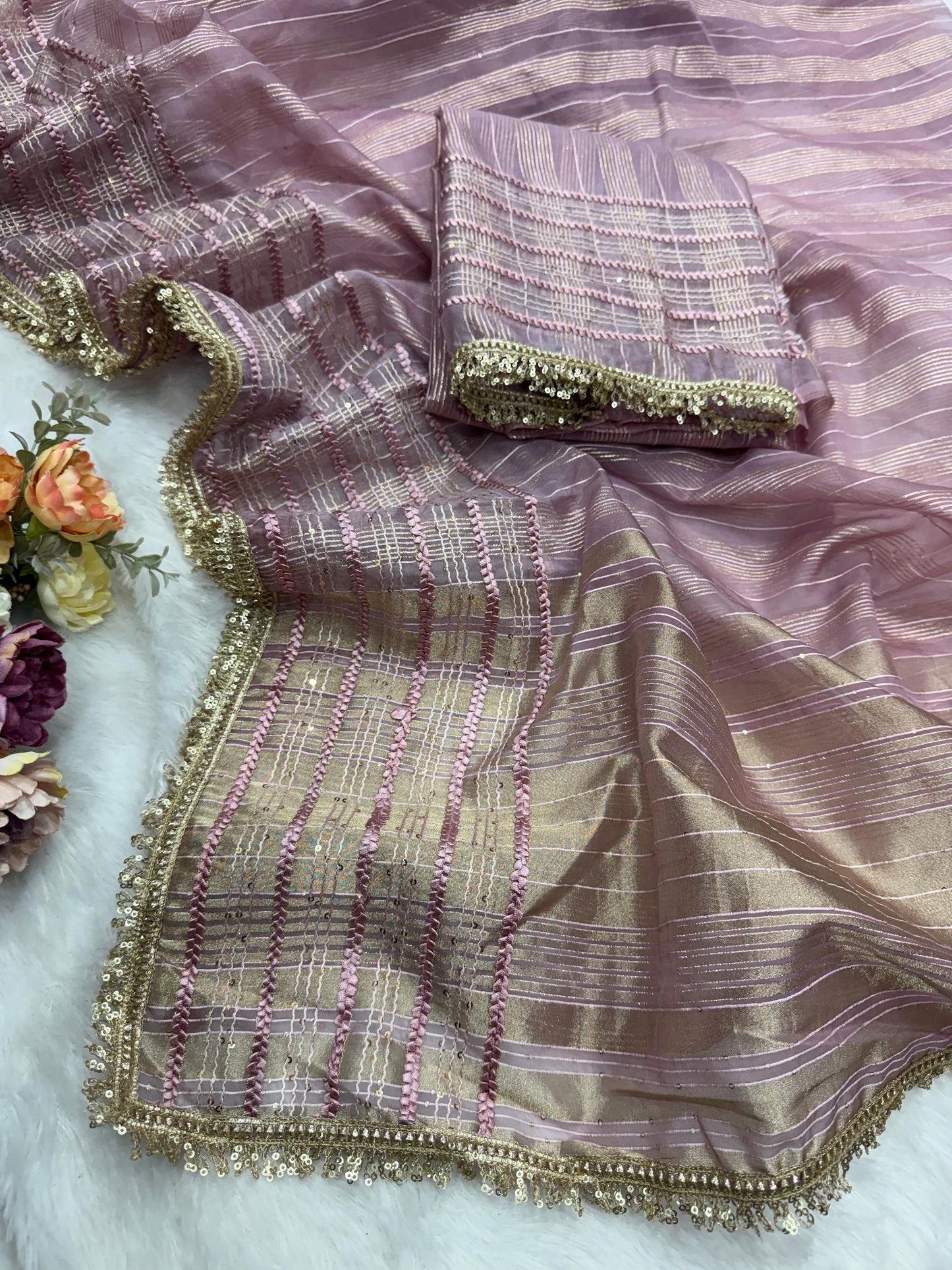 Premium Soft Tissue Silk Saree with Weaving Sequins & Ribbon Work