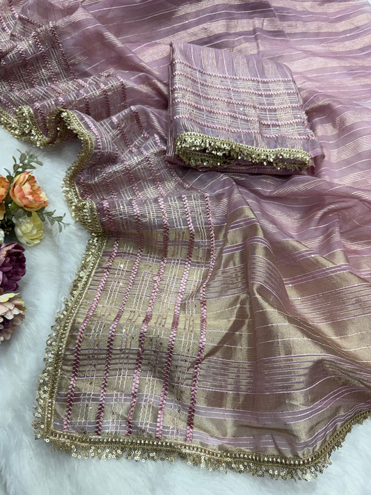 Premium Soft Tissue Silk Saree with Weaving Sequins & Ribbon Work