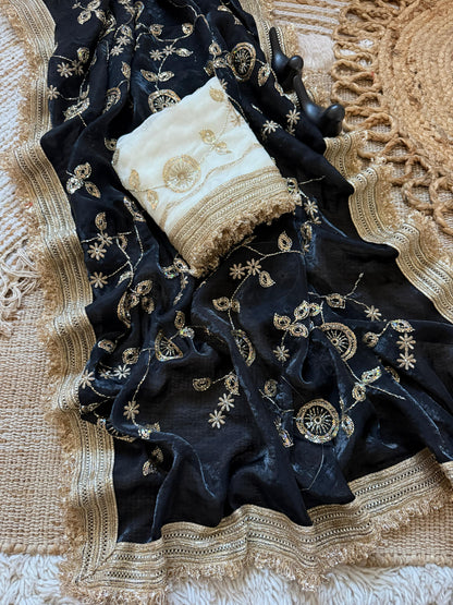Designer RADO Space Satin Saree with Bits Sequins Work