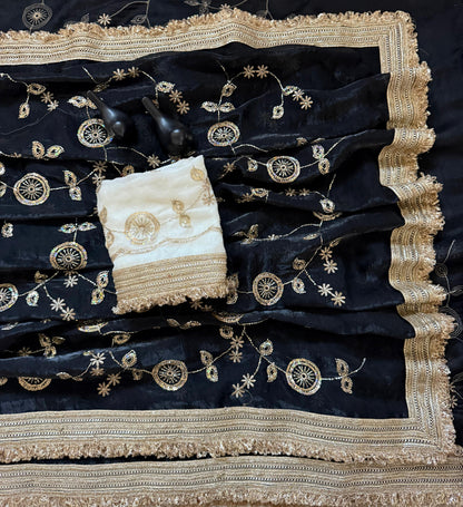 Designer RADO Space Satin Saree with Bits Sequins Work