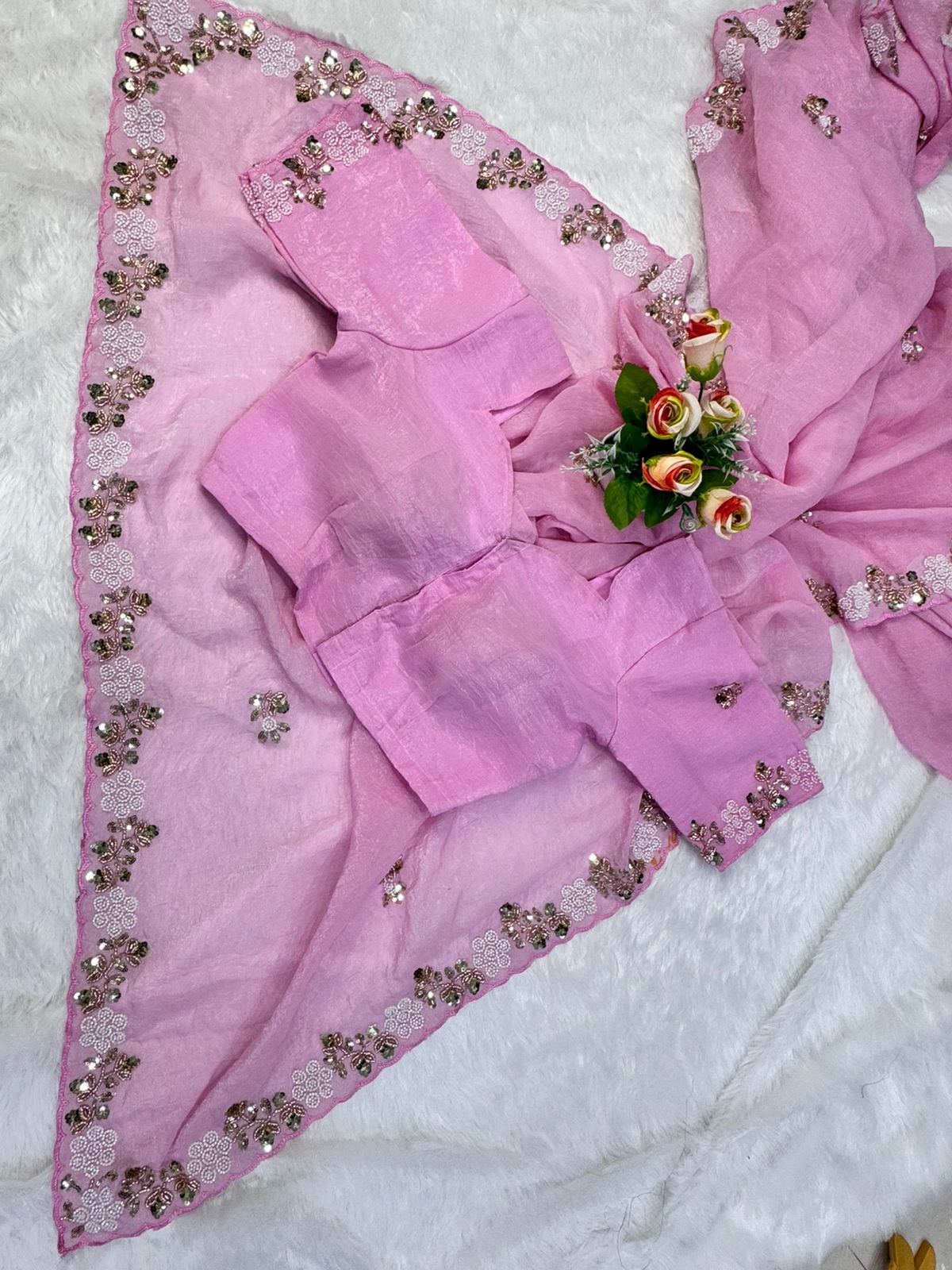 Premium Satin Chiffon Saree with Elegant Beads Work