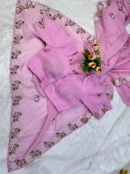 Premium Satin Chiffon Saree with Elegant Beads Work