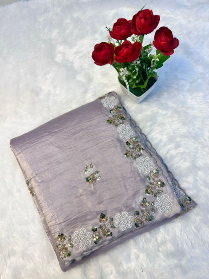 Premium Satin Chiffon Saree with Elegant Beads Work