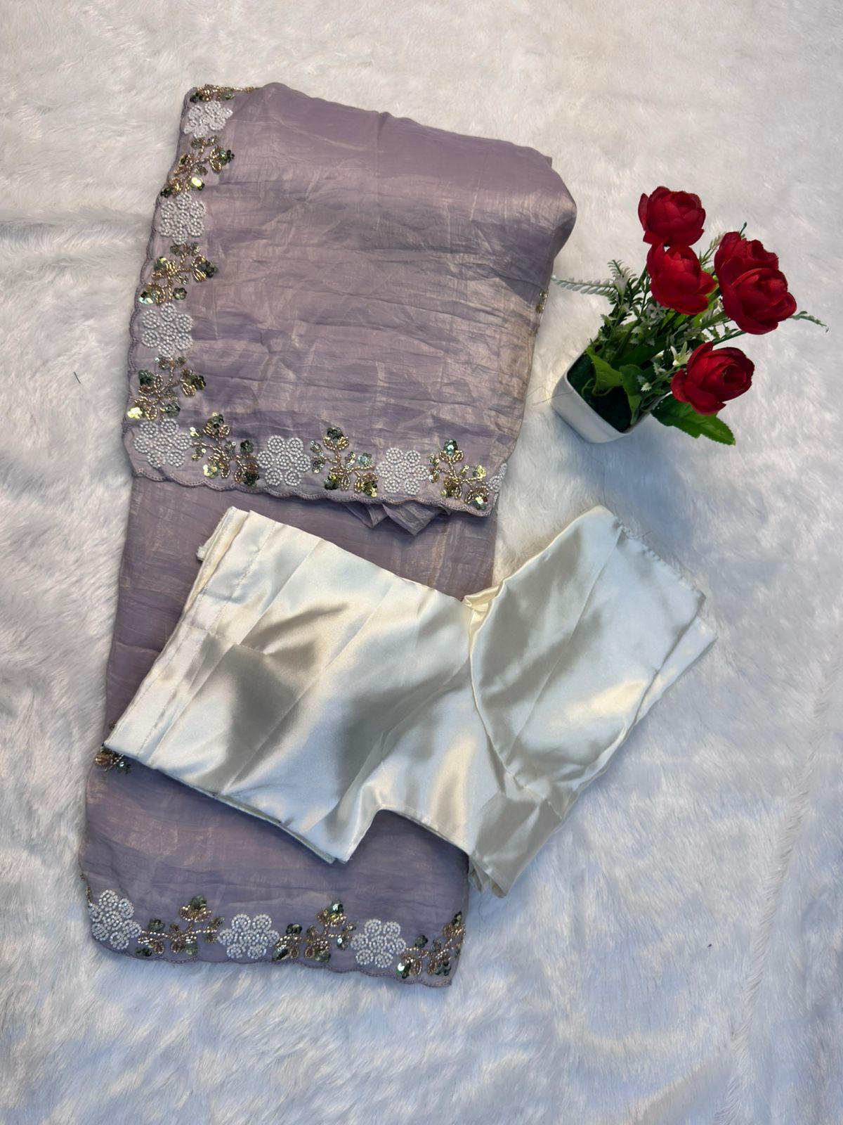 Premium Satin Chiffon Saree with Elegant Beads Work