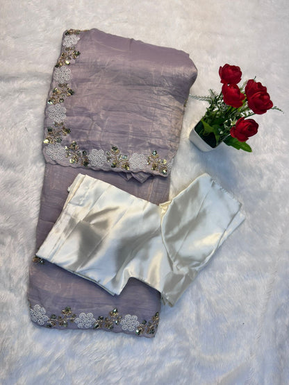 Premium Satin Chiffon Saree with Elegant Beads Work