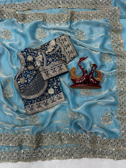 Premium Soft Frendy Satin Saree with Sequins & Zari Embroidery