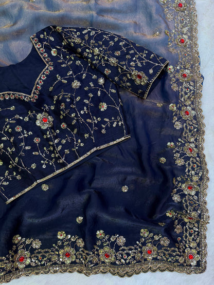 Premium Shaded Fendy Satin Saree with Sequins & Diamond Work