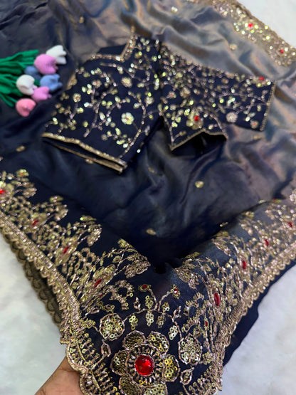 Premium Shaded Fendy Satin Saree with Sequins & Diamond Work