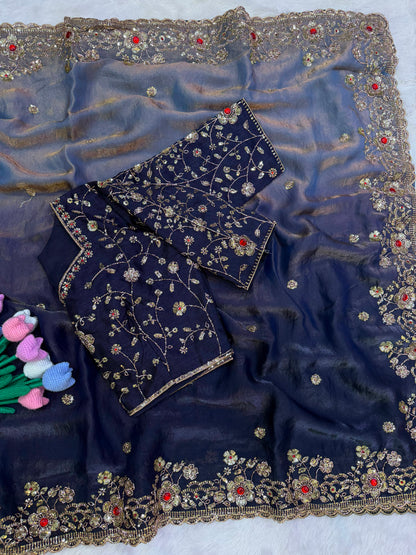 Premium Shaded Fendy Satin Saree with Sequins & Diamond Work