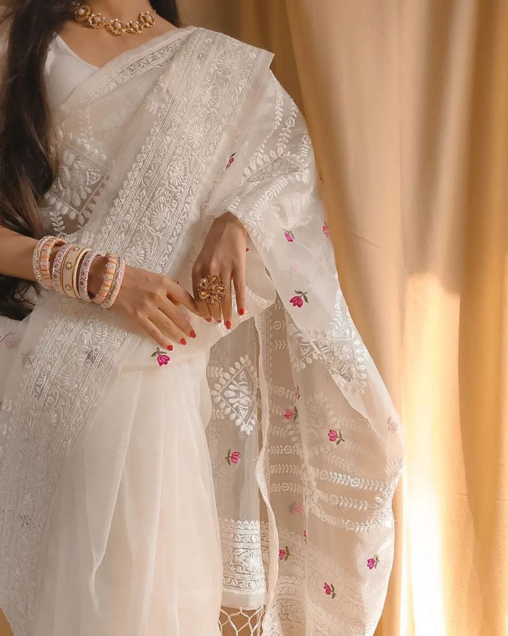 Luxury Soft Organza Saree Featuring Lucknowi Embroidery and Silver Zari Detailing