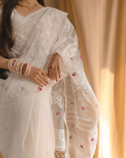 Luxury Soft Organza Saree Featuring Lucknowi Embroidery and Silver Zari Detailing
