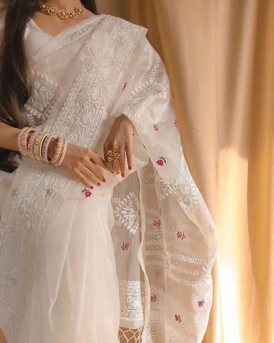Luxury Soft Organza Saree Featuring Lucknowi Embroidery and Silver Zari Detailing