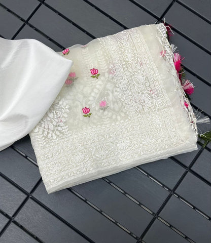 Luxury Soft Organza Saree Featuring Lucknowi Embroidery and Silver Zari Detailing