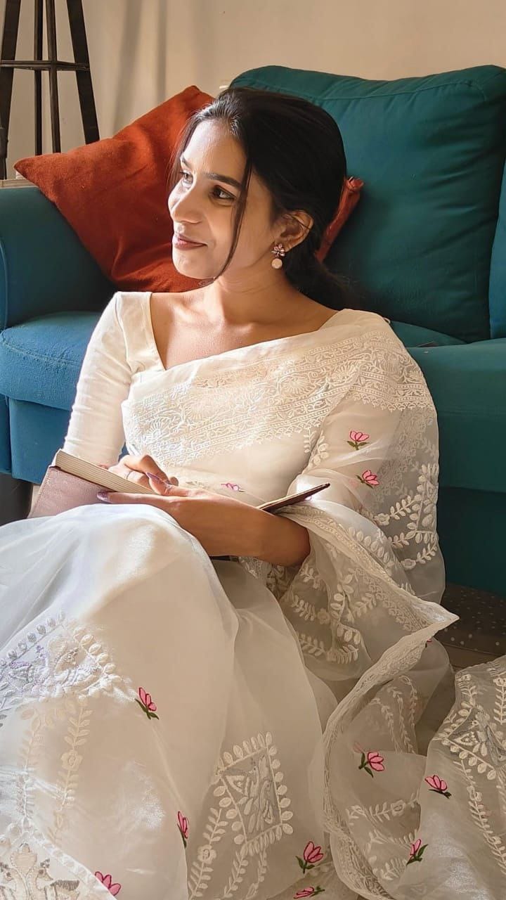 Luxury Soft Organza Saree Featuring Lucknowi Embroidery and Silver Zari Detailing