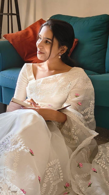 Luxury Soft Organza Saree Featuring Lucknowi Embroidery and Silver Zari Detailing
