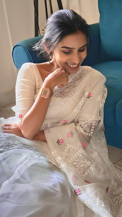 Luxury Soft Organza Saree Featuring Lucknowi Embroidery and Silver Zari Detailing