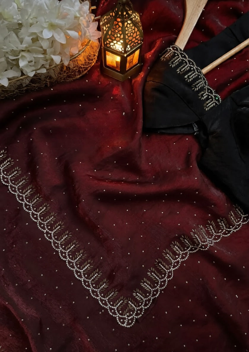 Exclusive Rich-Look Fendy Chiffon Saree with Beautiful Zarkhan Craftsmanship