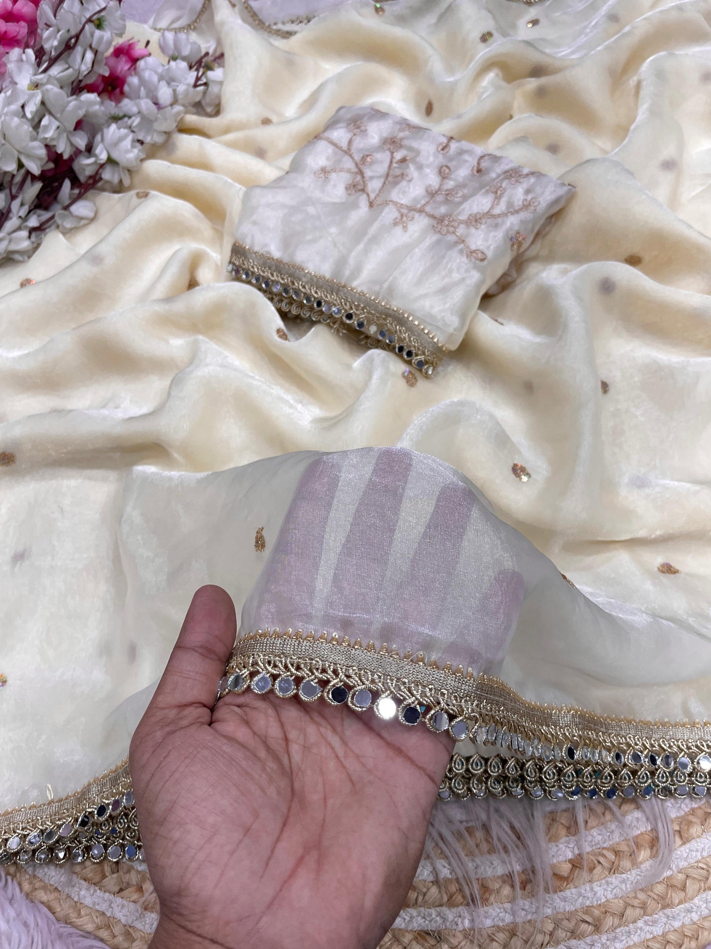 Luxury Sequin Butti Saree with Rich Mirror Lace on Both Sides