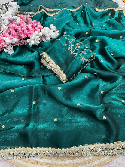 Luxury Sequin Butti Saree with Rich Mirror Lace on Both Sides
