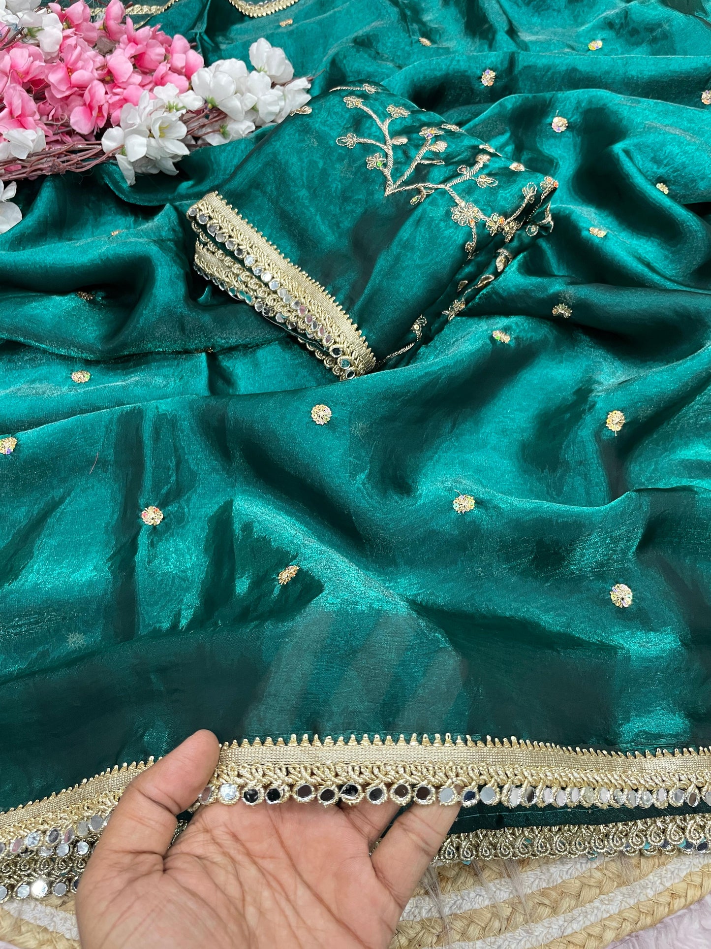 Luxury Sequin Butti Saree with Rich Mirror Lace on Both Sides