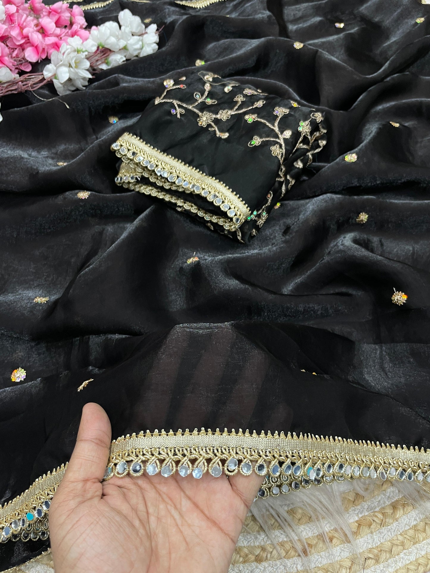 Luxury Sequin Butti Saree with Rich Mirror Lace on Both Sides
