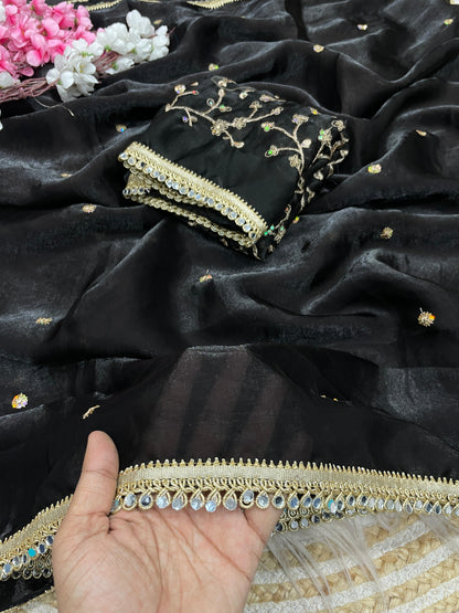 Luxury Sequin Butti Saree with Rich Mirror Lace on Both Sides