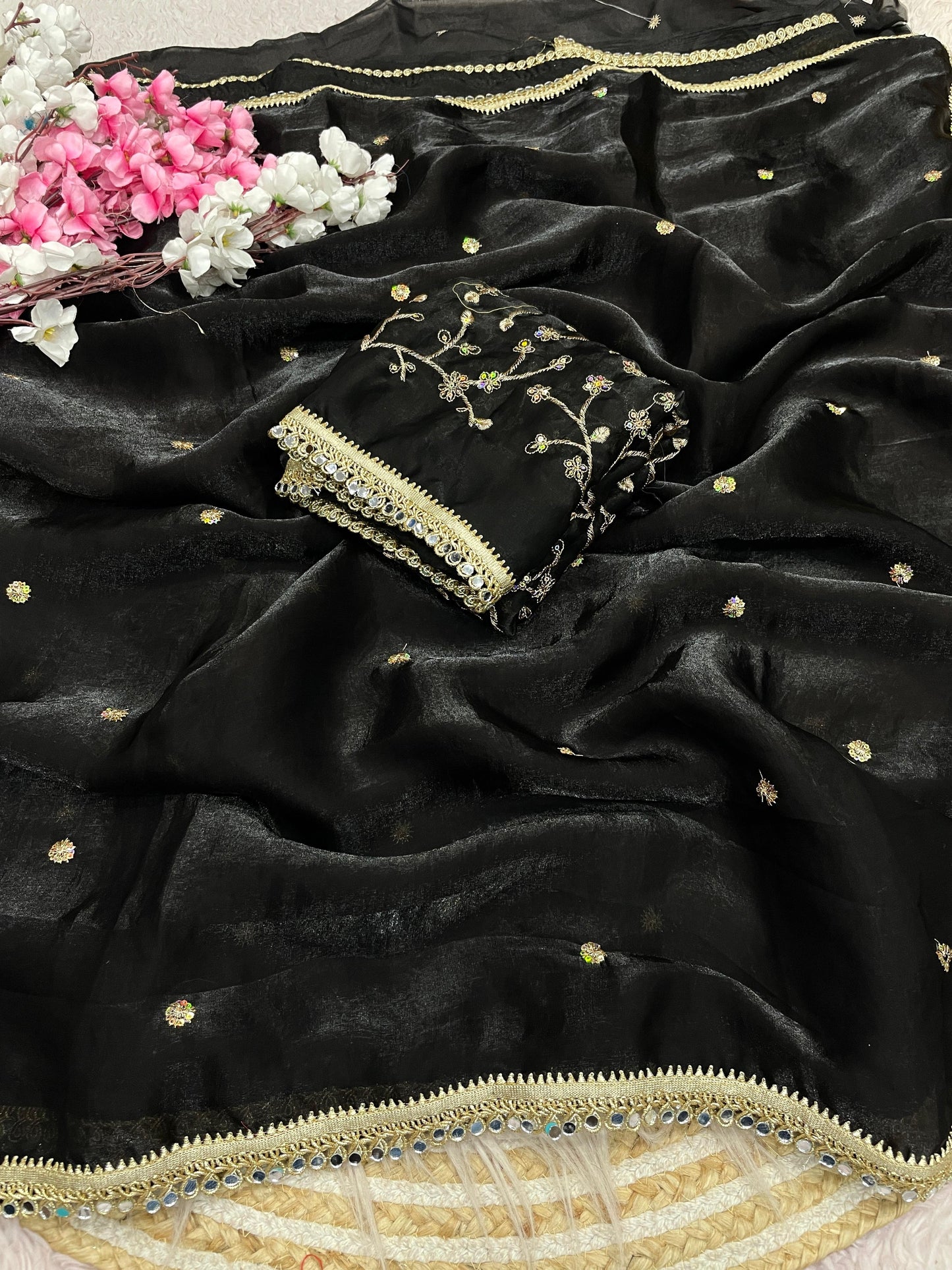 Luxury Sequin Butti Saree with Rich Mirror Lace on Both Sides