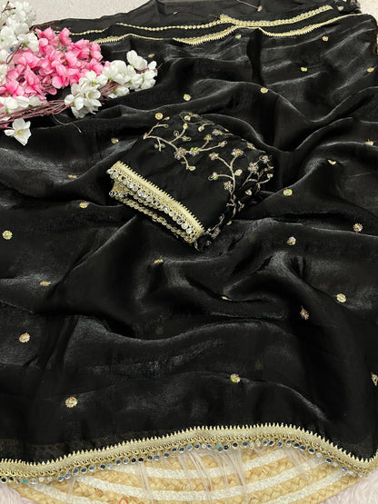 Luxury Sequin Butti Saree with Rich Mirror Lace on Both Sides
