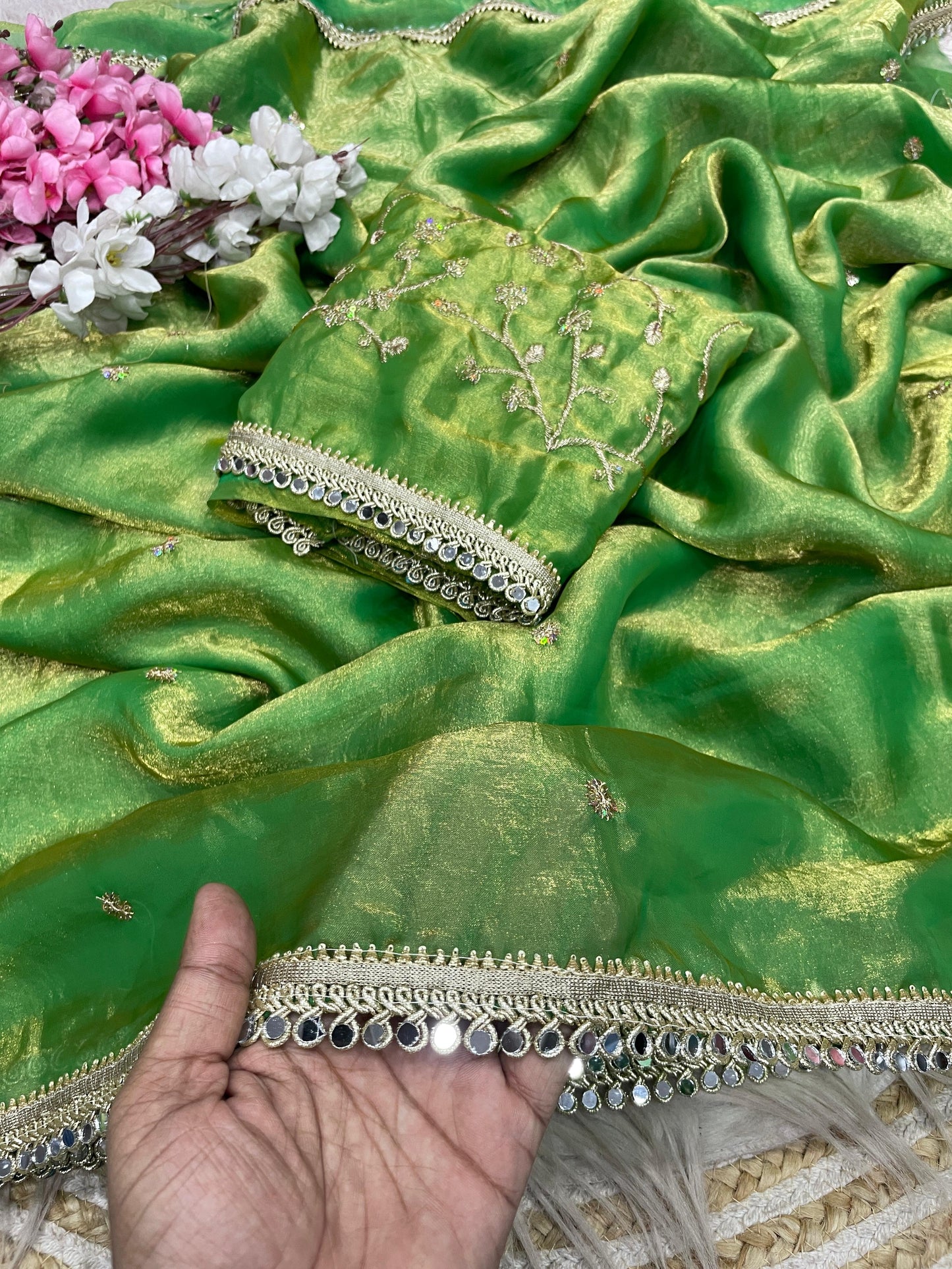 Luxury Sequin Butti Saree with Rich Mirror Lace on Both Sides