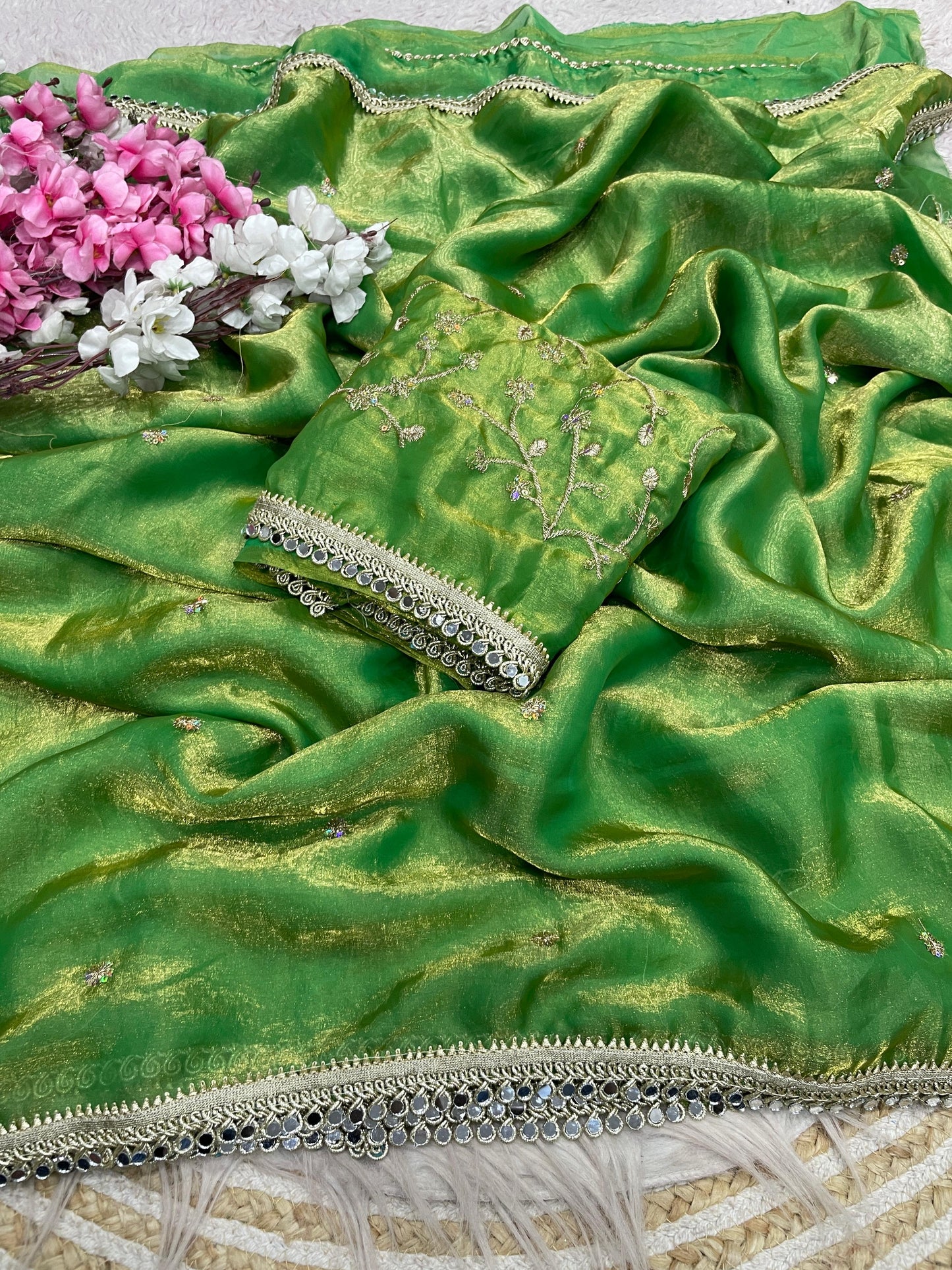 Luxury Sequin Butti Saree with Rich Mirror Lace on Both Sides