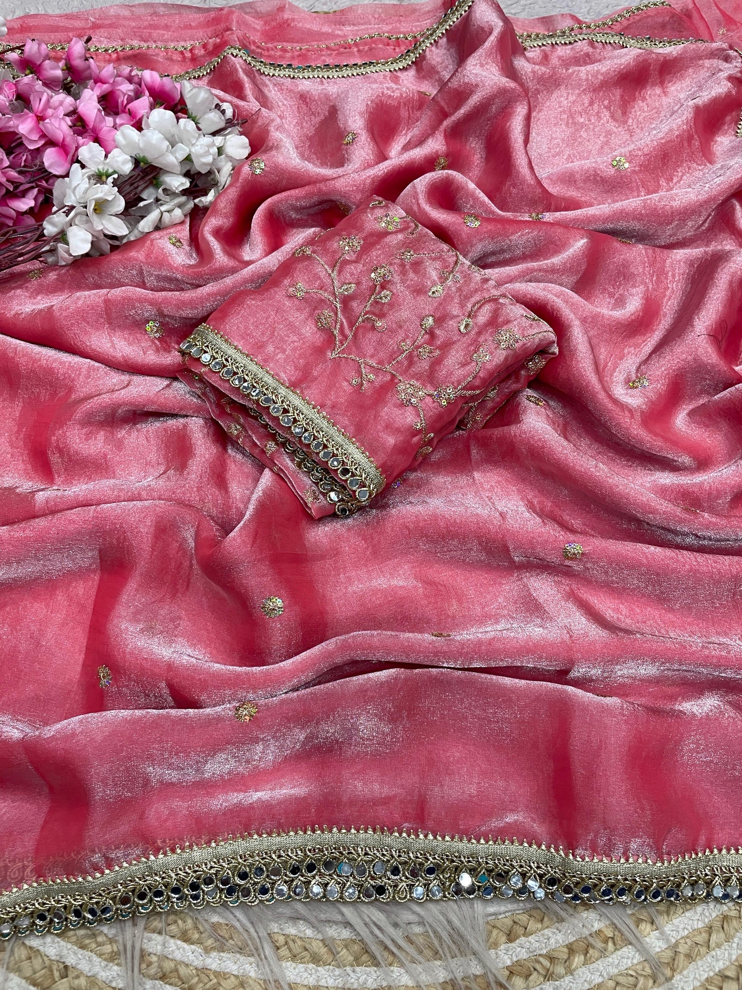 Luxury Sequin Butti Saree with Rich Mirror Lace on Both Sides