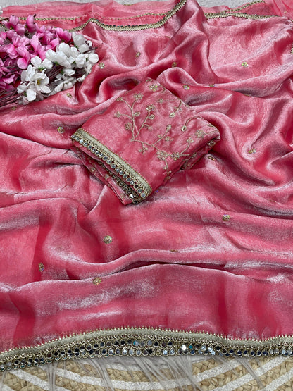 Luxury Sequin Butti Saree with Rich Mirror Lace on Both Sides