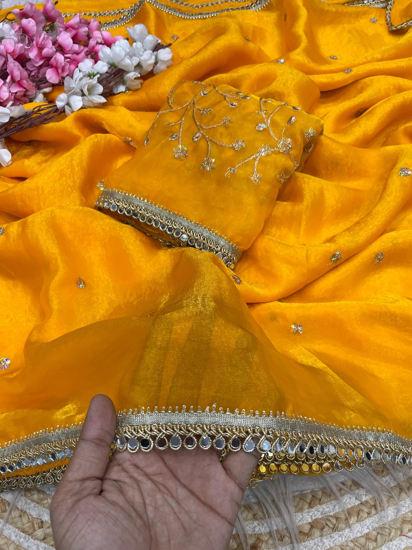 Luxury Sequin Butti Saree with Rich Mirror Lace on Both Sides