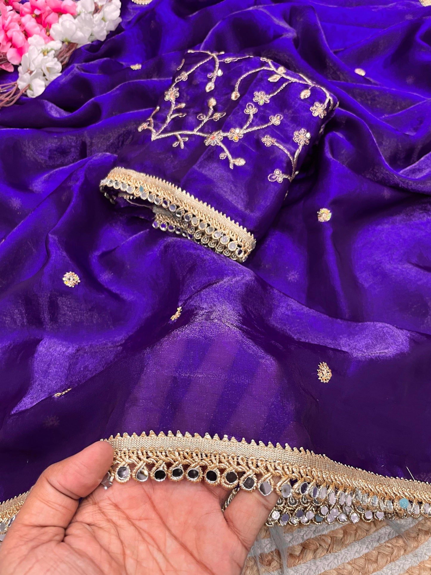 Luxury Sequin Butti Saree with Rich Mirror Lace on Both Sides