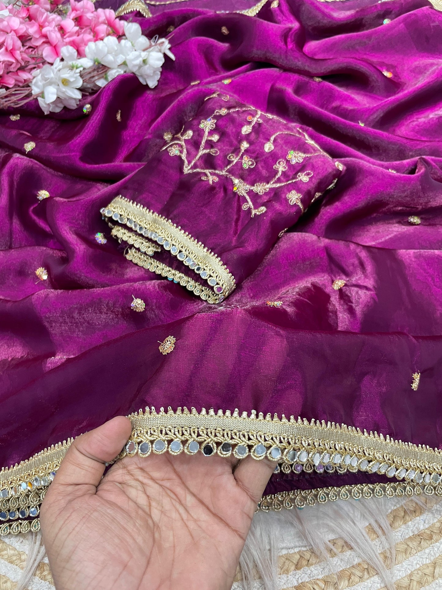 Luxury Sequin Butti Saree with Rich Mirror Lace on Both Sides