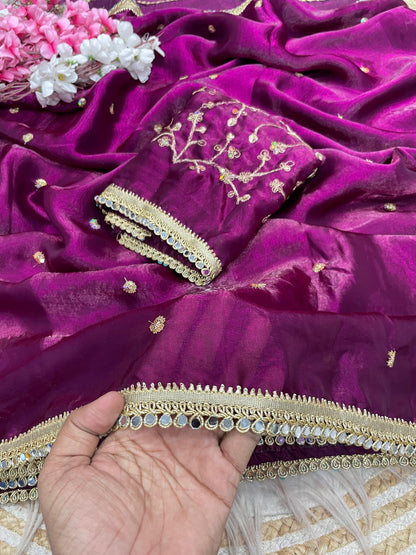 Luxury Sequin Butti Saree with Rich Mirror Lace on Both Sides