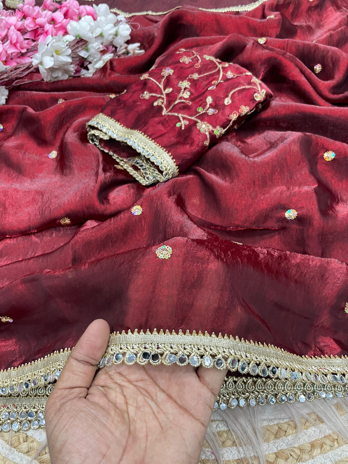 Luxury Sequin Butti Saree with Rich Mirror Lace on Both Sides
