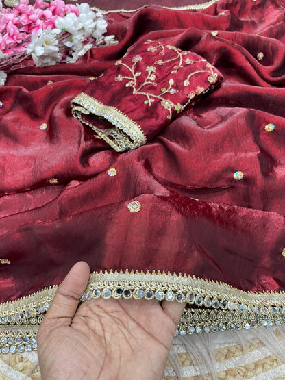 Luxury Sequin Butti Saree with Rich Mirror Lace on Both Sides
