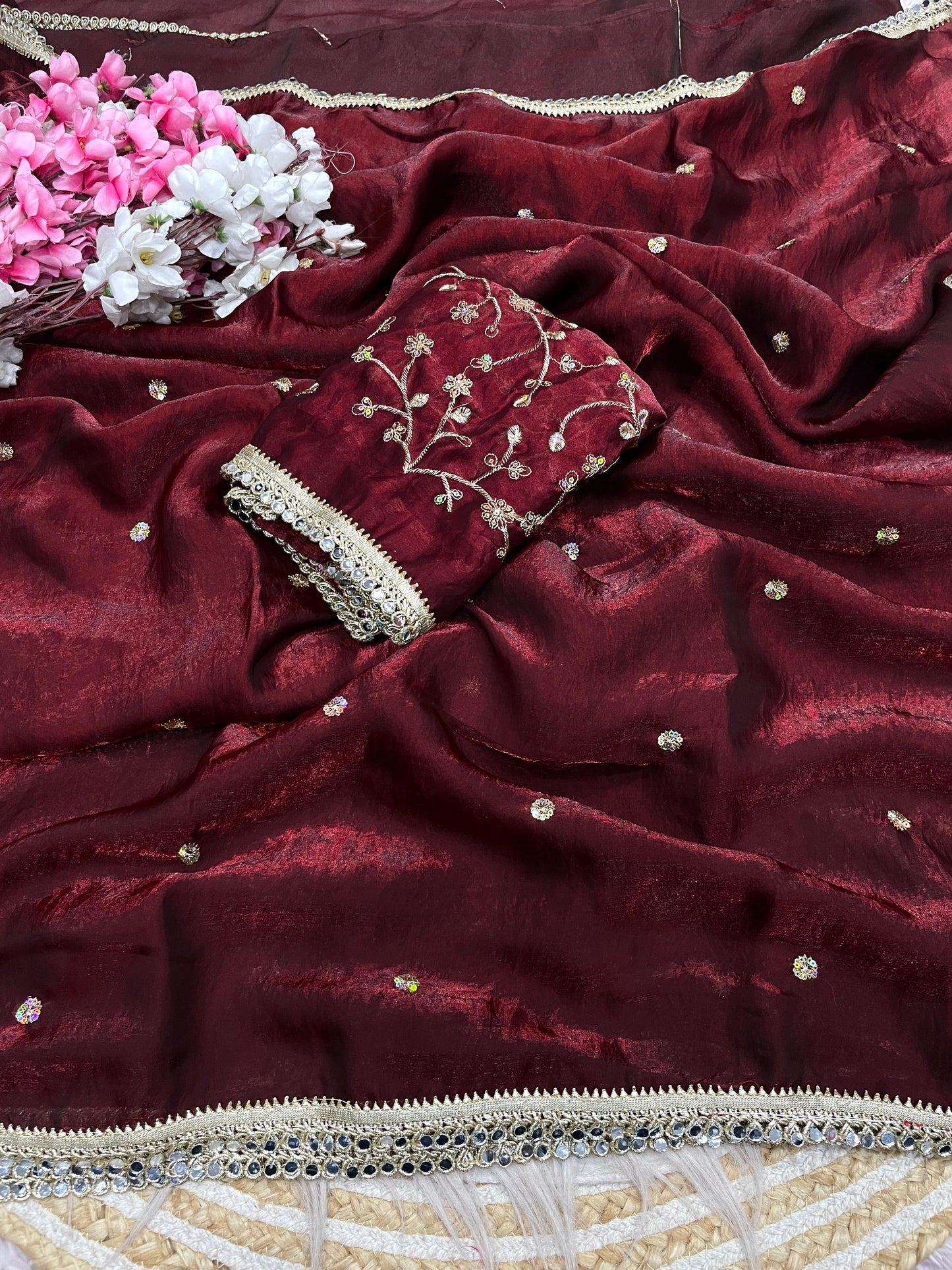Luxury Sequin Butti Saree with Rich Mirror Lace on Both Sides