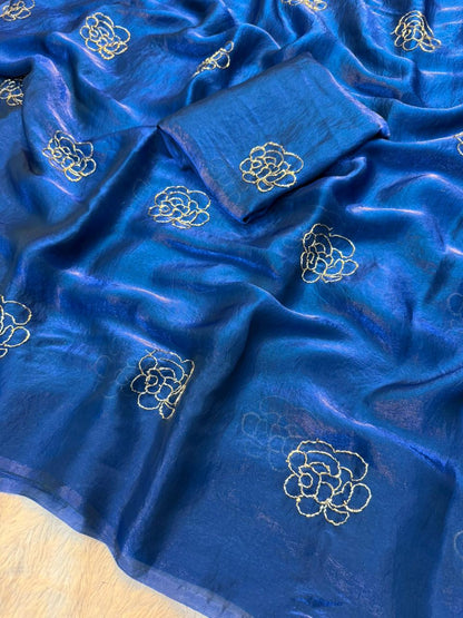 Premium Rose Two-Tone Space Silk Saree with Handwork Beads