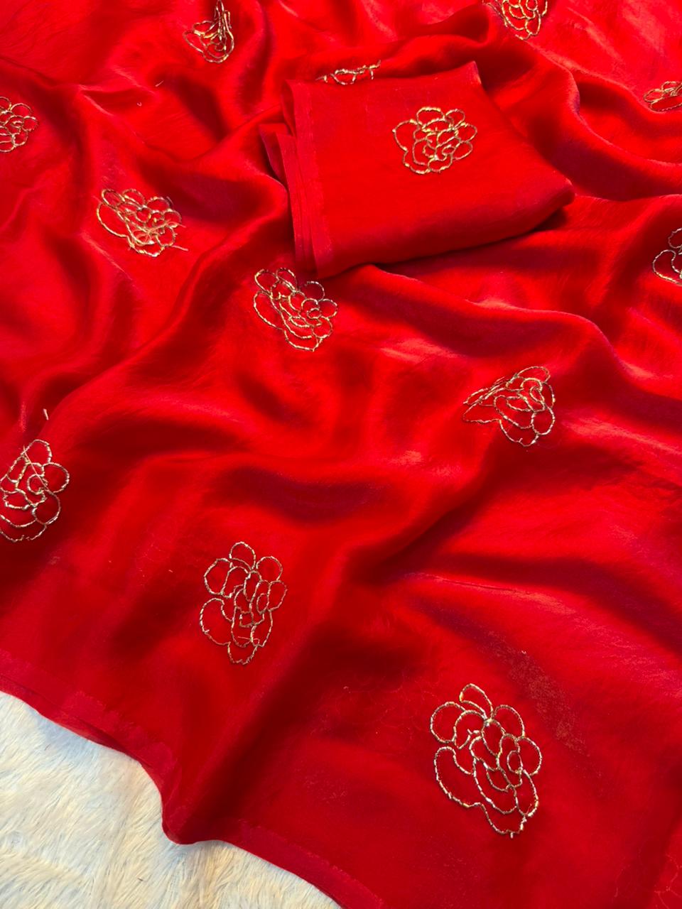 Premium Rose Two-Tone Space Silk Saree with Handwork Beads