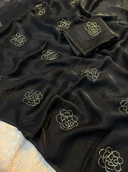 Premium Rose Two-Tone Space Silk Saree with Handwork Beads