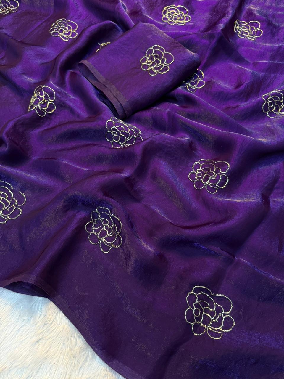 Premium Rose Two-Tone Space Silk Saree with Handwork Beads