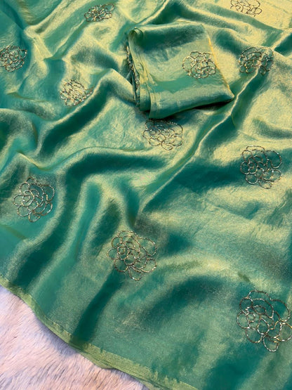 Premium Rose Two-Tone Space Silk Saree with Handwork Beads