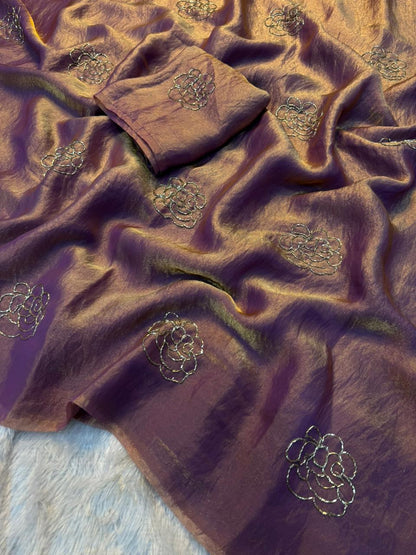 Premium Rose Two-Tone Space Silk Saree with Handwork Beads