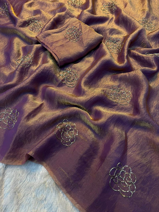 Premium Rose Two-Tone Space Silk Saree with Handwork Beads
